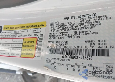 2015 Ford Fusion Se from USA, damaged, VIN 3FA6P0HDXFR217826